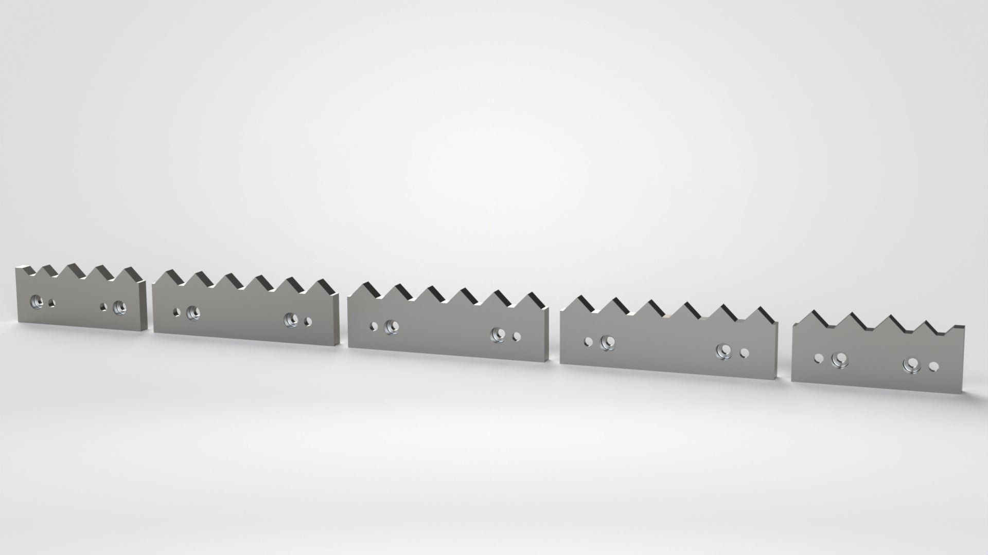 Gegenmesser 5teilger Satz, 1783x127x28, Zahnschritt 66,70, für 60er Schneidkrone, insgesamt 27 Zahnkerben, wendbar, 20x Stufenbohrung Ø32/Ø17,5