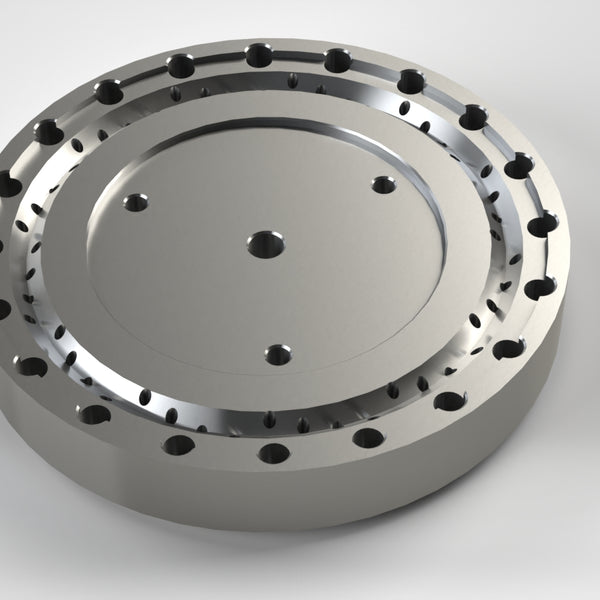 Lochscheibe Ø286 für Extruder, 3x Stufenbohrung Ø18/Ø11, 4x Gewinde M8, 20x Gewinde M16, Innenbohrung Ø17, 4x12 Austrittsöffnungen Ø3,0