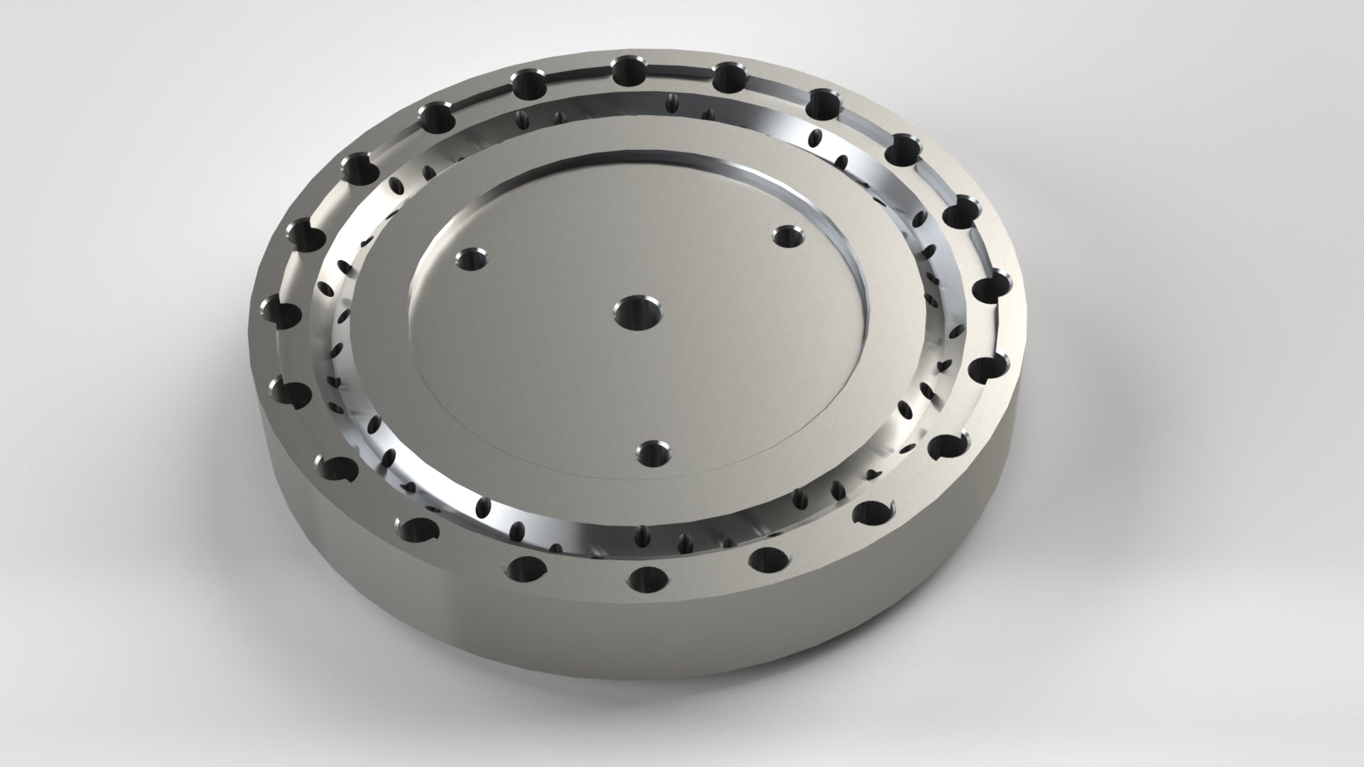 Lochscheibe Ø286 für Extruder, 3x Stufenbohrung Ø18/Ø11, 4x Gewinde M8, 20x Gewinde M16, Innenbohrung Ø17, 4x12 Austrittsöffnungen Ø3,0