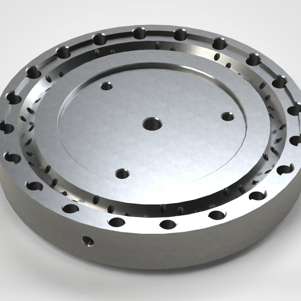 Perforated disc Ø286 for extruder, 3x stepped bore Ø18/Ø11, 4x thread M8, 20x thread M16, inner bore Ø17, 4x12 outlet openings Ø3.0