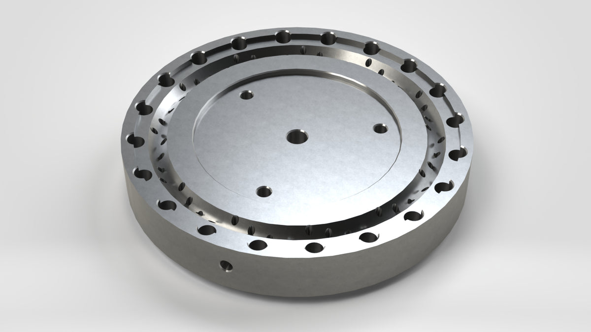 Perforated disc Ø286 for extruder, 3x stepped bore Ø18/Ø11, 4x thread M8, 20x thread M16, inner bore Ø17, 4x12 outlet openings Ø3.0
