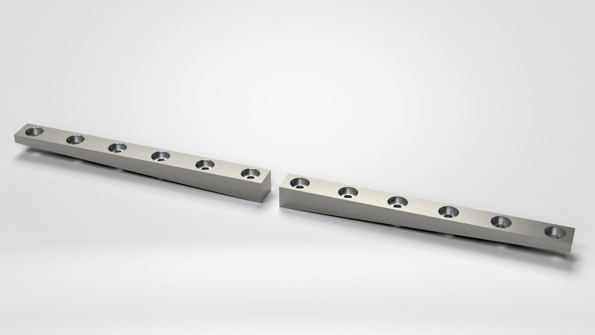 Statorklemmplatten 2teiliger Satz HINTEN, 1498(2x749)x63/26x70, insgesamt 12x Stufenbohr. Ø50/Ø22, keilförmig, Herbold ID: 1019034600 (S355) oder Herbold ID: 1019034620 (Hardox)