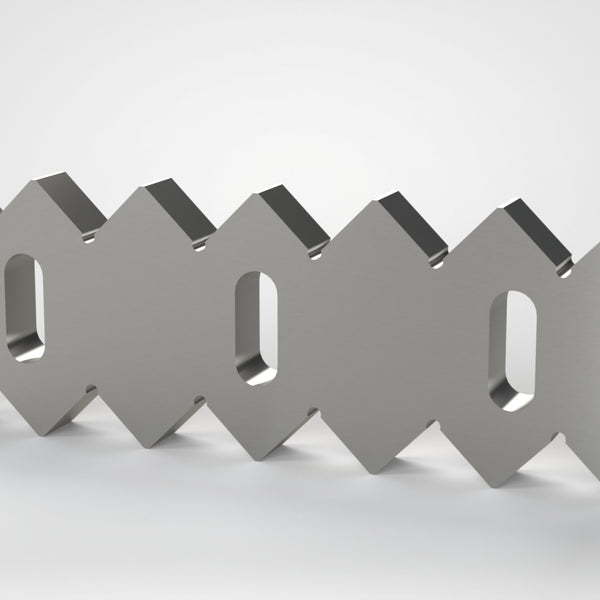 Gegenmesser 308x114x27, 6 beidseitige Zahnkerben, Zahnschritt 49.2, Zähne abgeflacht, 3x Langloch 19x49, Abstand 109, Lindner ID: 243797-17 oder 254725-17