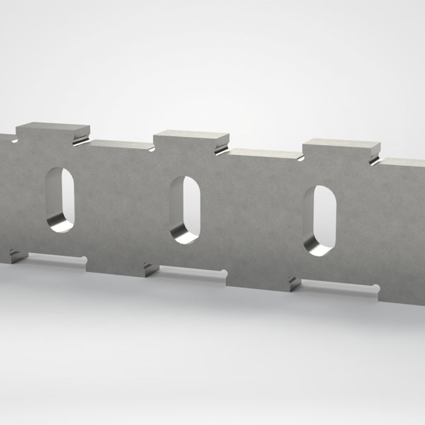 Gegenmesser 493x106x27, Zahnschritt abwechselnd für Rotormesser klein und groß, 5x Langloch 50x20, 90° Schneide