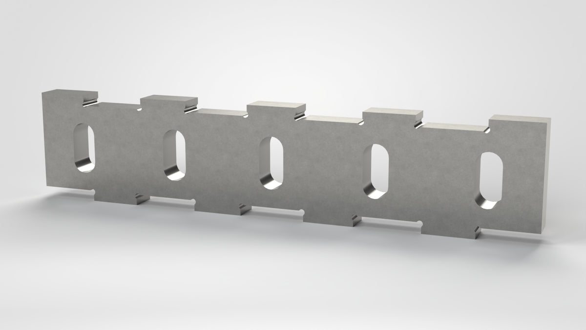 Gegenmesser 493x106x27, Zahnschritt abwechselnd für Rotormesser klein und groß, 5x Langloch 50x20, 90° Schneide
