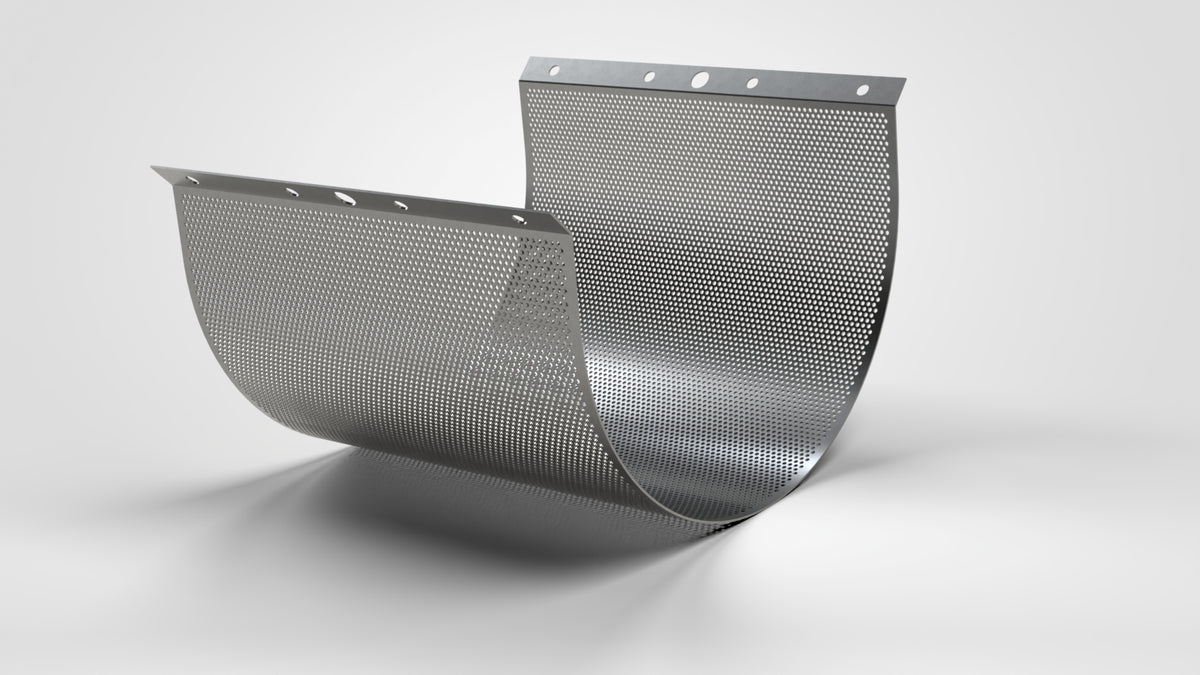 Screen Plate 670 long, 2x mirrored and nested, sheet thickness t=3, 2x folded, perforation Ø3, pitch 2, 8x mounting hole Ø19
