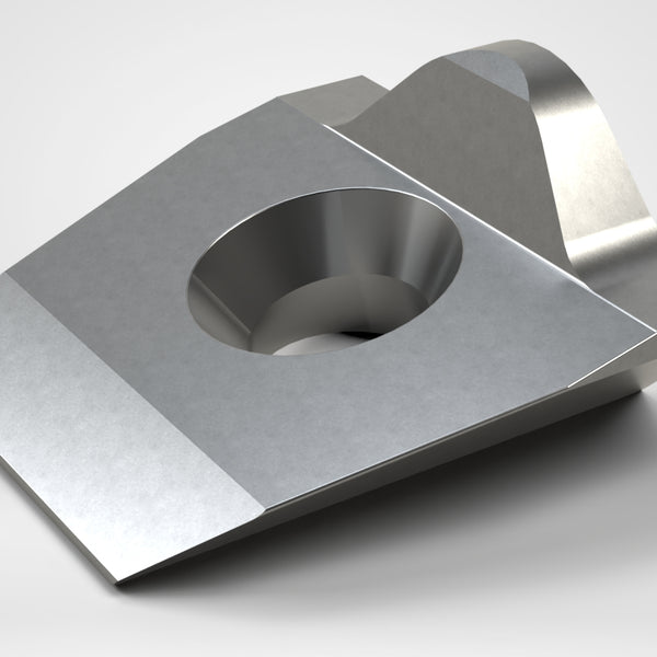 Knife clamping block 118x109x56, 3x M8 thread, 2x Ø5 hole, 1x countersunk hole in center Ø34/60°, Lindner ID: 19550