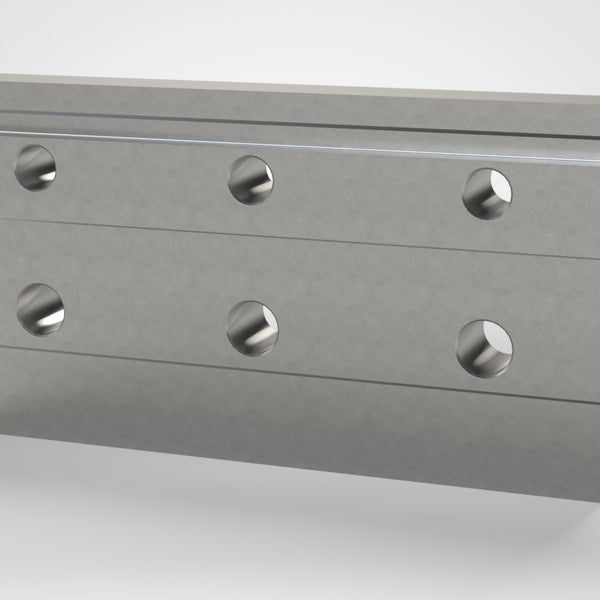 Klemmleiste 345x180x48, stufenförmig, 3x Bohrung Ø22, 3x Bohrung Ø26, eingefräste Nut 12x4, Lindner ID: 31497