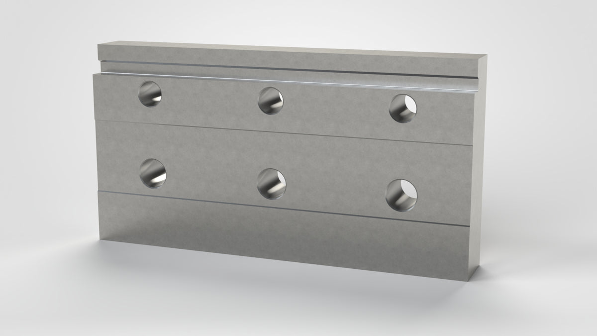 Klemmleiste 345x180x48, stufenförmig, 3x Bohrung Ø22, 3x Bohrung Ø26, eingefräste Nut 12x4, Lindner ID: 31497