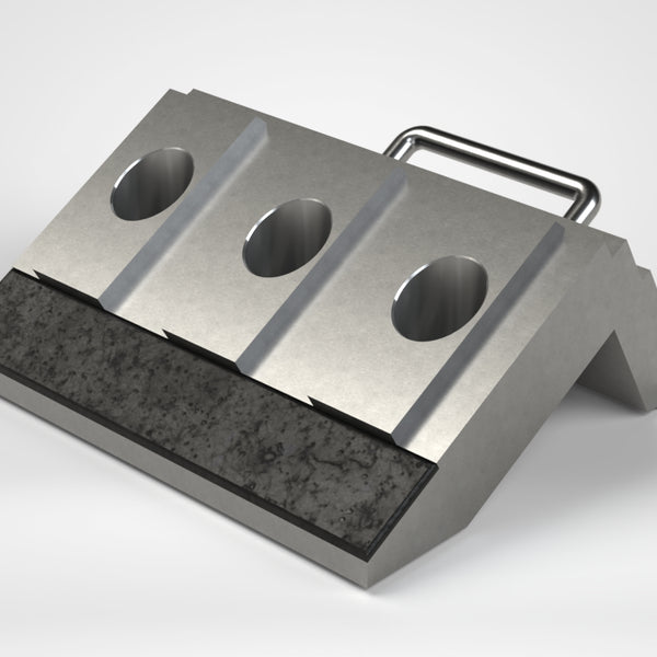 Clamping plate middle 344.5x280x141 armored version, 55x10 for gate valve, L-shaped, short with handle, 3x countersunk hole Ø22/Ø50, Lindner ID: 239005 / 332083