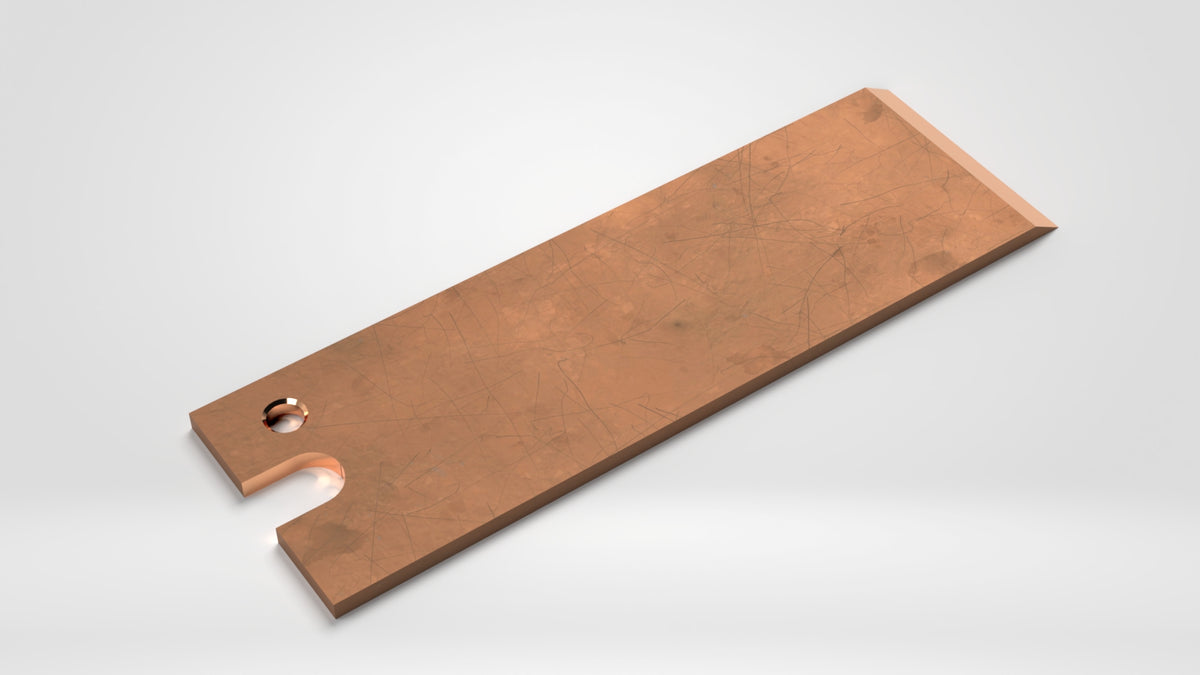 Schabermesser für MAS, 238x74,5x5,8, Schneide 30°, Nut 17,5x24, 1x Bohrung Ø10, hergestellt aus Kupfer-Legierung, OHNE VERRUNDUNG DER ECKEN