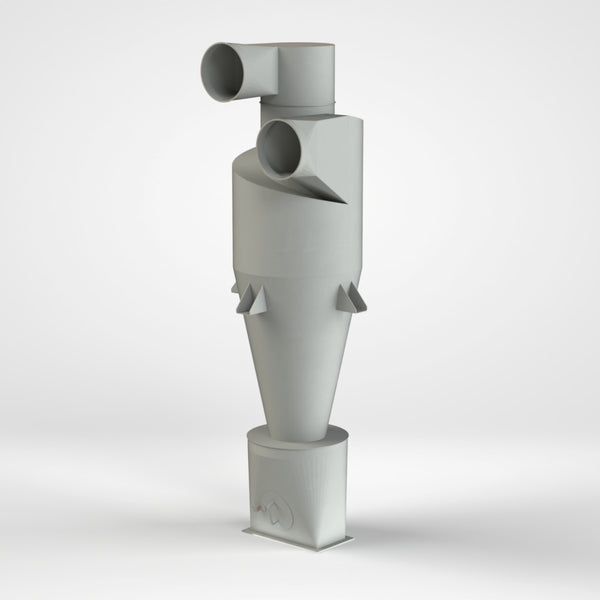 Cyclone: height approx. 2794 mm, top attachment 308x687x473, middle section 1896x900x900, tapering conically Ø714/Ø306, base 590x572x320, tapering conically oval 500x250