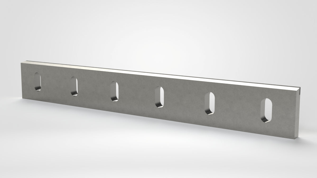Statormesser 755x100x22, 6x Langloch 50x24, einseitige Schneide 80°, Einstellgewinde 3x M10, Hartmetall bestückt