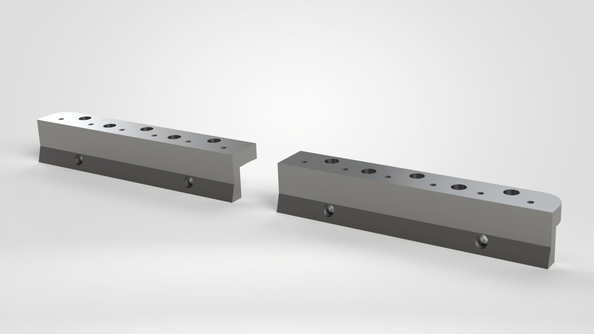 Statorauflagesatz 2teilig OBEN 1524(2x762)x137x129, L-förmig, 10x Stufenbohrung Ø40/26, 2x R63, 2x Stufenbohrung Ø33/22,12x M20