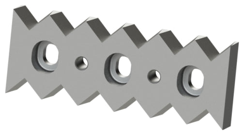 Gegenmesser 257x96x27, beidseitig 6 Zahnkerben, Zahnschritt 43, 3x Stufenbohrung 38x32/24x18, 2x Stufengewinde M12/Ø16