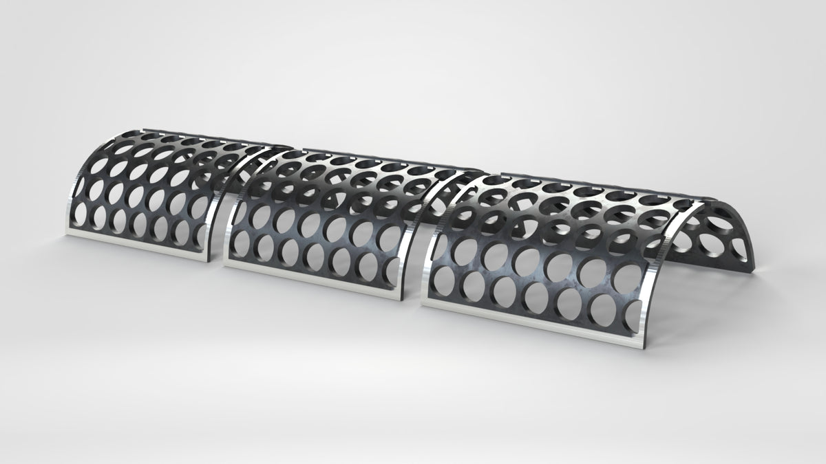 3-piece screen set, length 1487, sheet thickness t=15, perforation Ø60, bridge 11 mm, with milled shoulders and cutouts