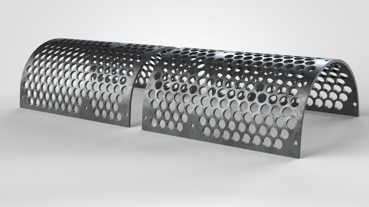 Screen plate 1952x1145, 2-piece set, sheet thickness t=15, perforation Ø60, 18x countersunk Allen bolt holes 20 mm