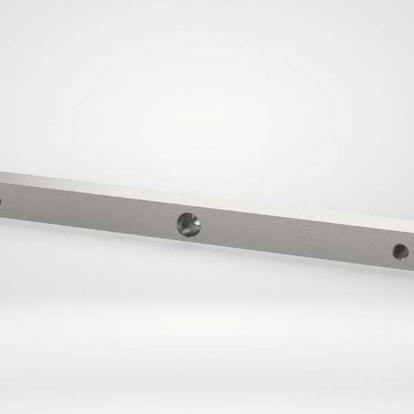 Blockmesser 491x30x30, 3x Stufenbohrung Ø18/Ø11, 2x Gewinde M12, 2x Fase 3x45°, höhere Härte