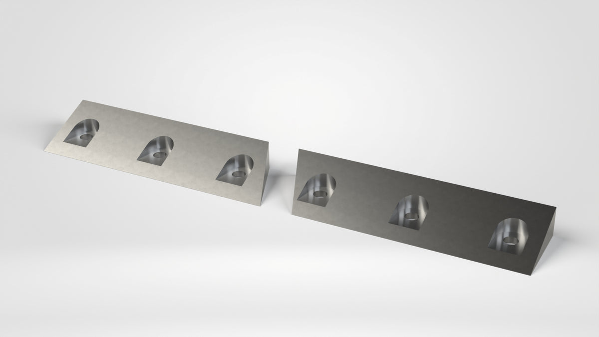 Klemmplattensatz 2teilig, keilförmig, 782x115x48, 6x Bohrung Ø22, 6x Ausfräsung für Schraubensitz