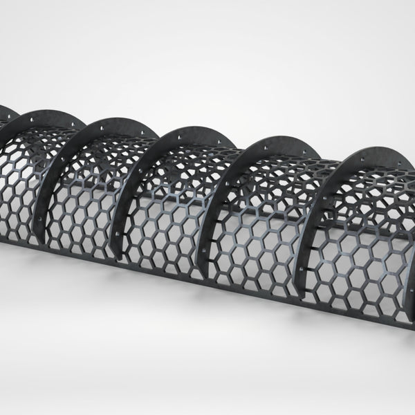 Siebblech 2980x1360, Blechdicke t=12, hexagonale Lochung 100, Steg 12, 7x Rippe mit Befestigungslöcher, umlaufend ungelochter Rand