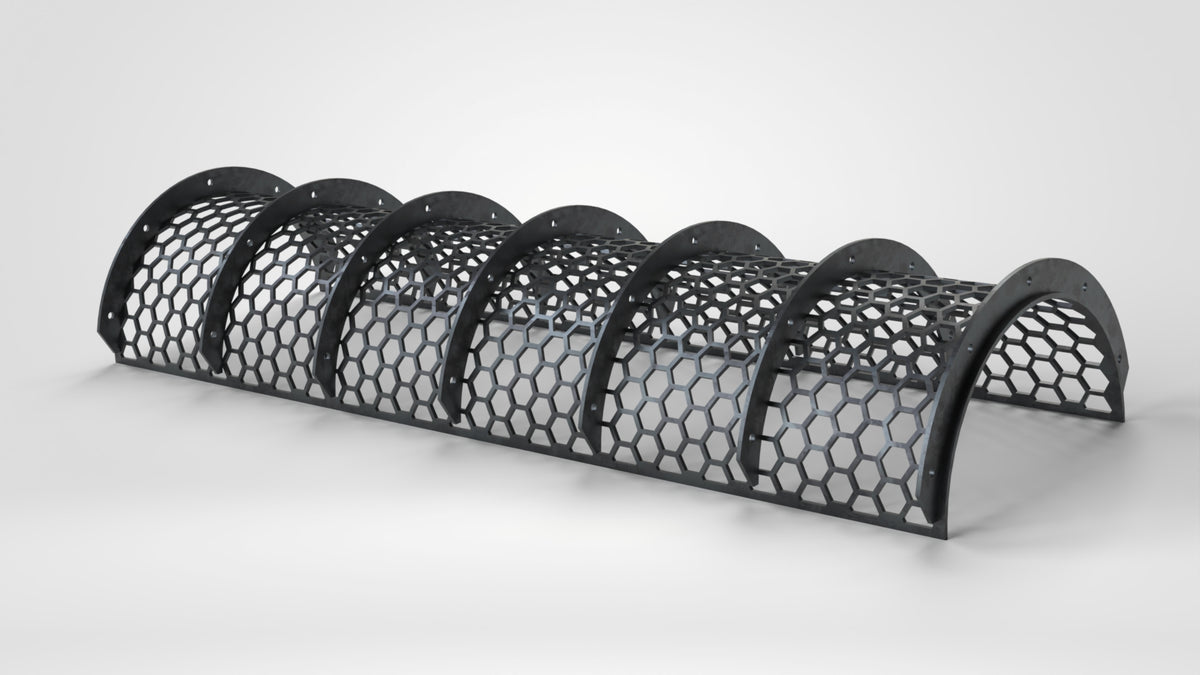 Siebblech 2980x1370, Blechdicke t=12, Hardox, hexagonale Lochung 70, 7x Rippe mit Befestigungslöcher, umlaufend ungelochter Rand