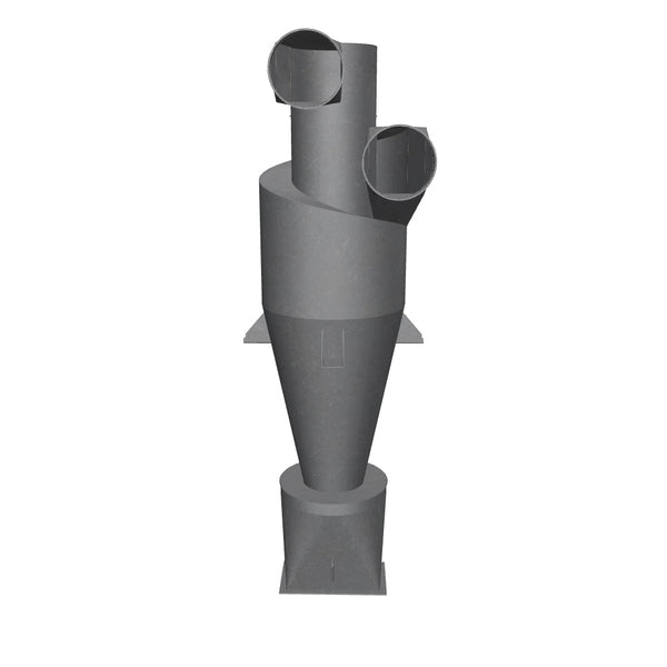 Cyclone: height approx. 2794 mm, top attachment 308x687x473, middle section 1896x900x900, tapering conically Ø714/Ø306, base 590x572x320, tapering conically oval 500x250