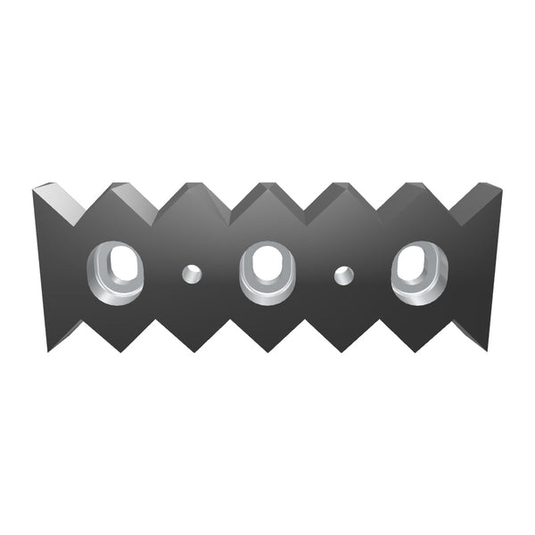 Gegenmesser 257x96x27, beidseitig 6 Zahnkerben, Zahnschritt 43, 3x Stufenbohrung 38x32/24x18, 2x Stufengewinde M12/Ø16