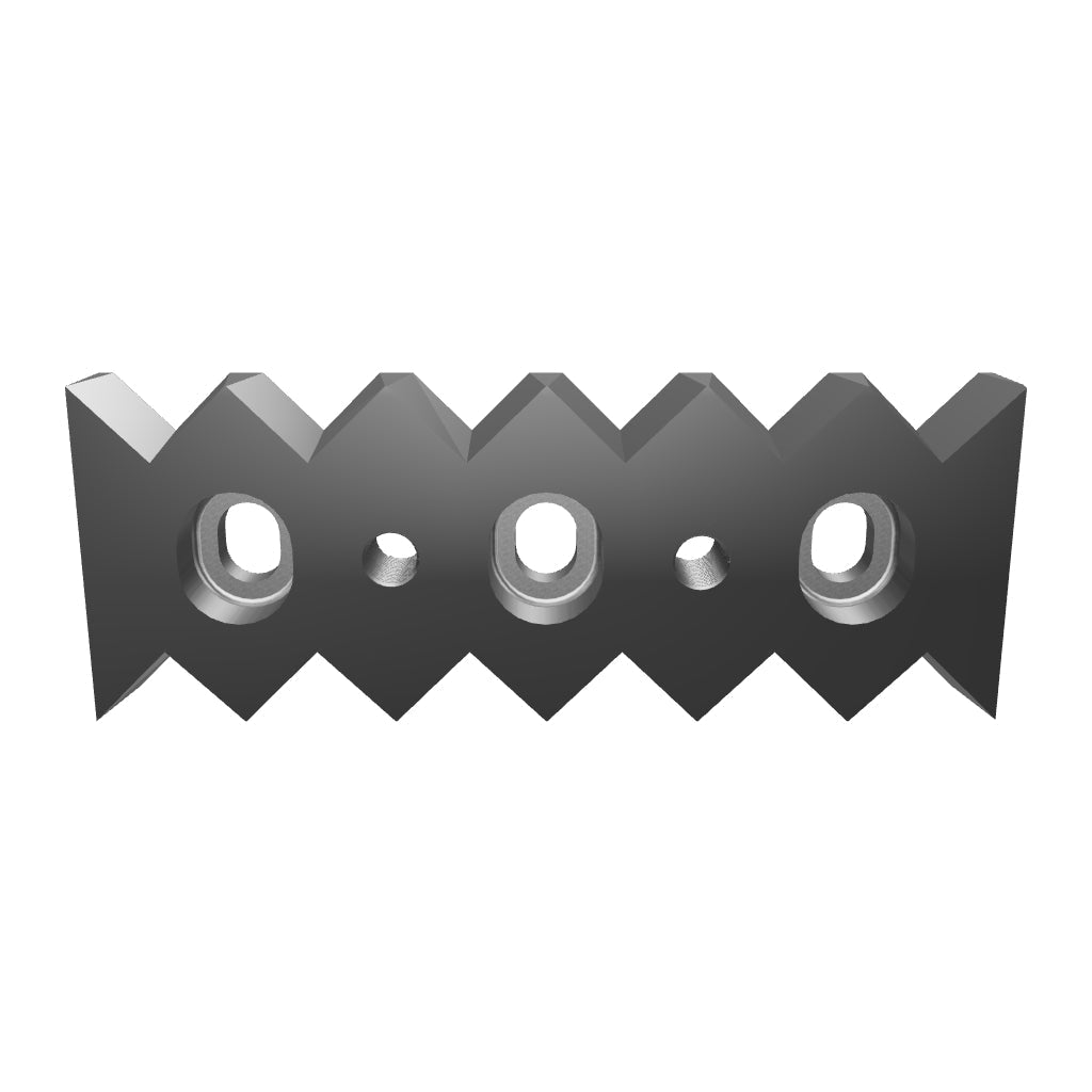 Gegenmesser 257x96x27, beidseitig 6 Zahnkerben, Zahnschritt 43, 3x Stufenbohrung 38x32/24x18, 2x Stufengewinde M12/Ø16